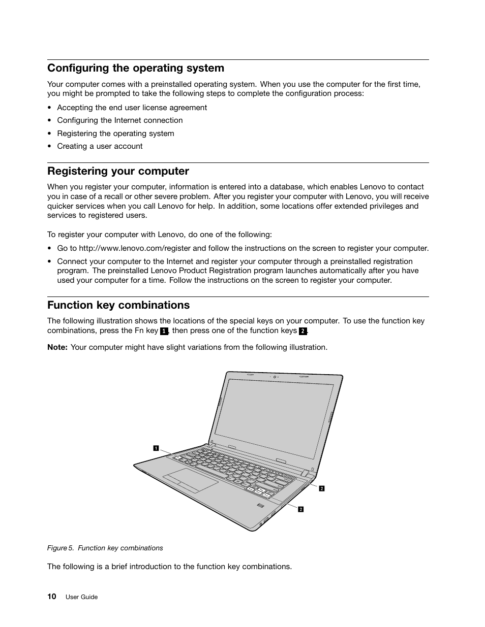 Configuring the operating system, Registering your computer, Function key combinations | Lenovo E40-70 Notebook User Manual | Page 24 / 70