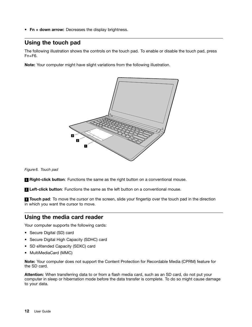 Using the touch pad, Using the media card reader | Lenovo E40-70 Notebook User Manual | Page 26 / 70