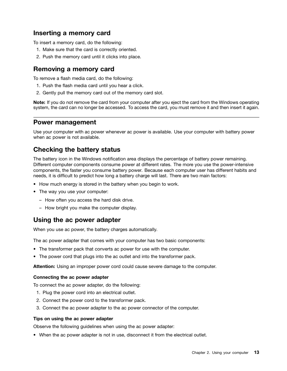 Inserting a memory card, Removing a memory card, Power management | Checking the battery status, Using the ac power adapter | Lenovo E40-70 Notebook User Manual | Page 27 / 70