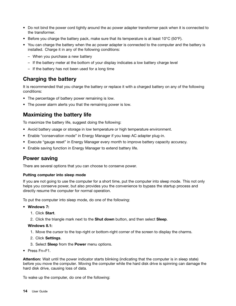Charging the battery, Maximizing the battery life, Power saving | Lenovo E40-70 Notebook User Manual | Page 28 / 70