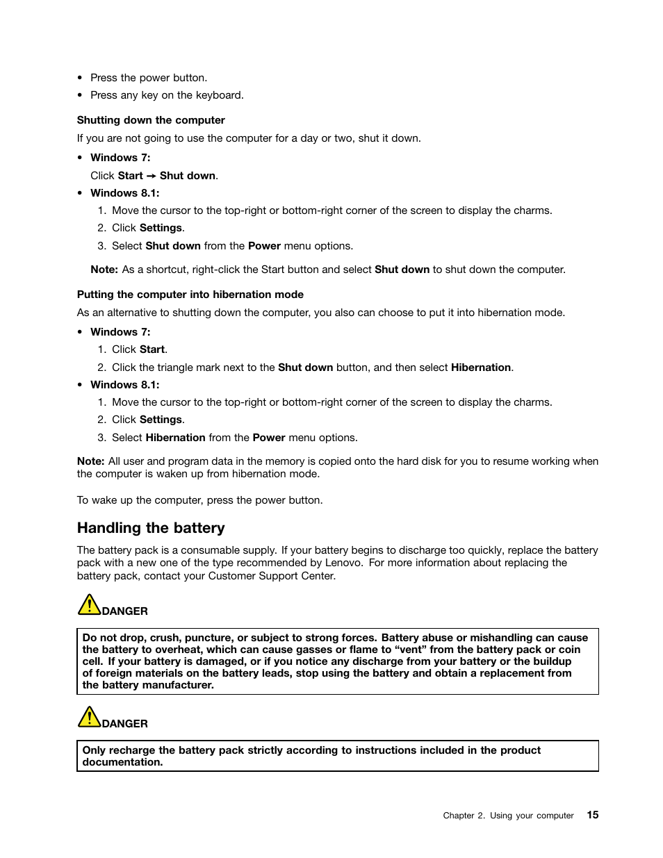 Handling the battery | Lenovo E40-70 Notebook User Manual | Page 29 / 70