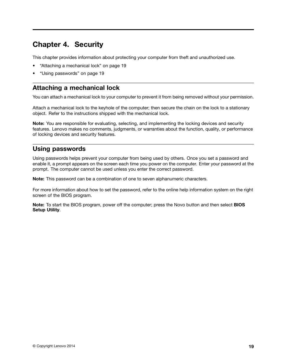 Chapter 4. security, Attaching a mechanical lock, Using passwords | Lenovo E40-70 Notebook User Manual | Page 33 / 70