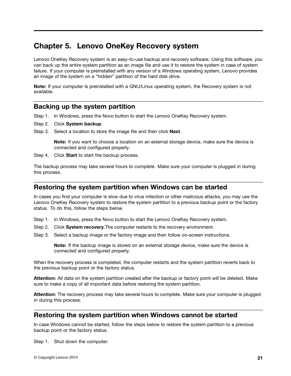 Chapter 5. lenovo onekey recovery system, Backing up the system partition | Lenovo E40-70 Notebook User Manual | Page 35 / 70