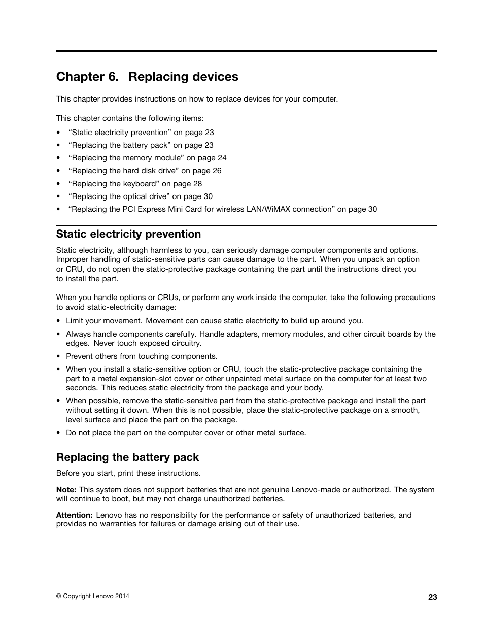Chapter 6. replacing devices, Static electricity prevention, Replacing the battery pack | Lenovo E40-70 Notebook User Manual | Page 37 / 70