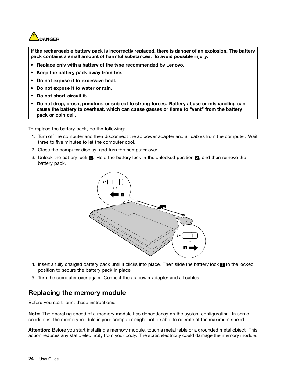 Replacing the memory module | Lenovo E40-70 Notebook User Manual | Page 38 / 70