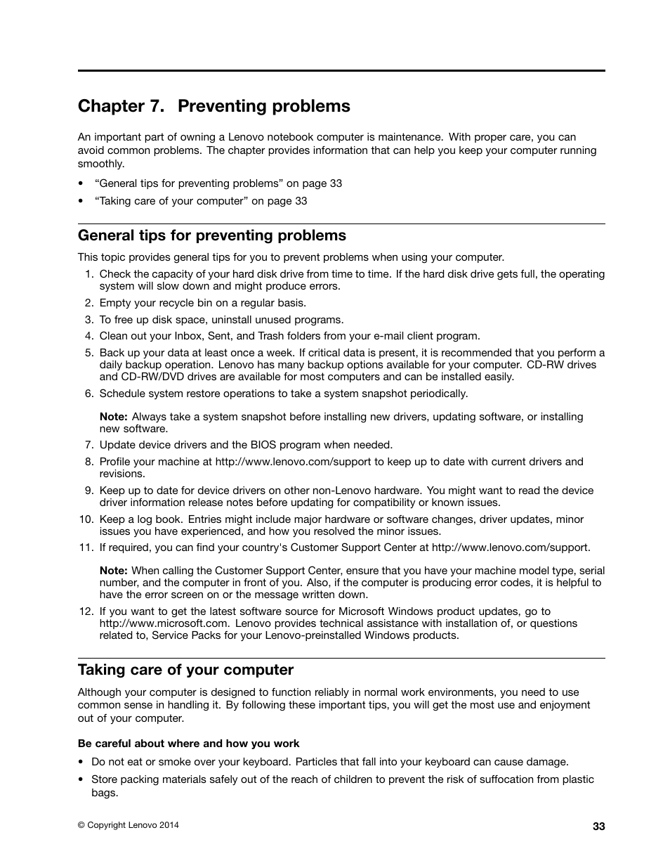 Chapter 7. preventing problems, General tips for preventing problems, Taking care of your computer | Lenovo E40-70 Notebook User Manual | Page 47 / 70