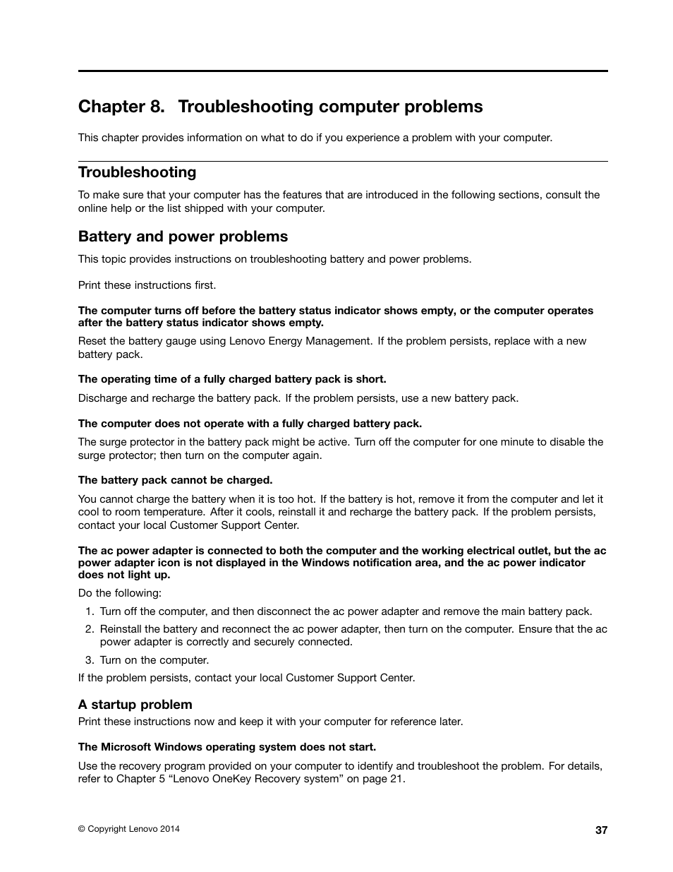 Chapter 8. troubleshooting computer problems, Troubleshooting, Battery and power problems | Lenovo E40-70 Notebook User Manual | Page 51 / 70