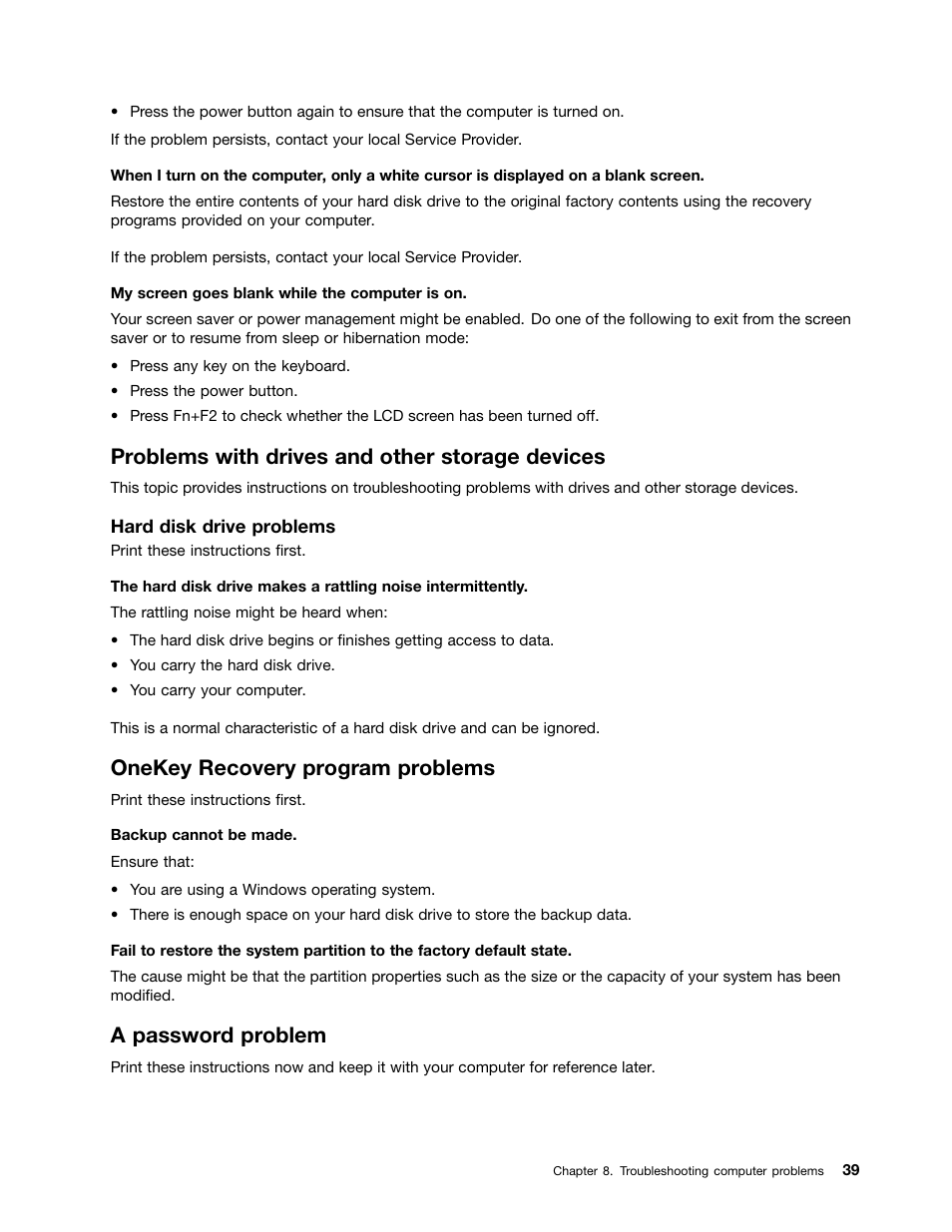 Problems with drives and other storage devices, Onekey recovery program problems, A password problem | Lenovo E40-70 Notebook User Manual | Page 53 / 70