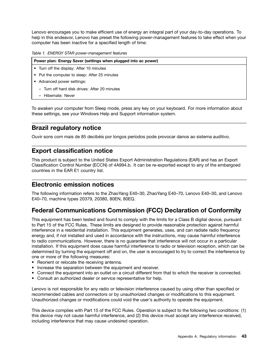 Brazil regulatory notice, Export classification notice, Electronic emission notices | Lenovo E40-70 Notebook User Manual | Page 57 / 70