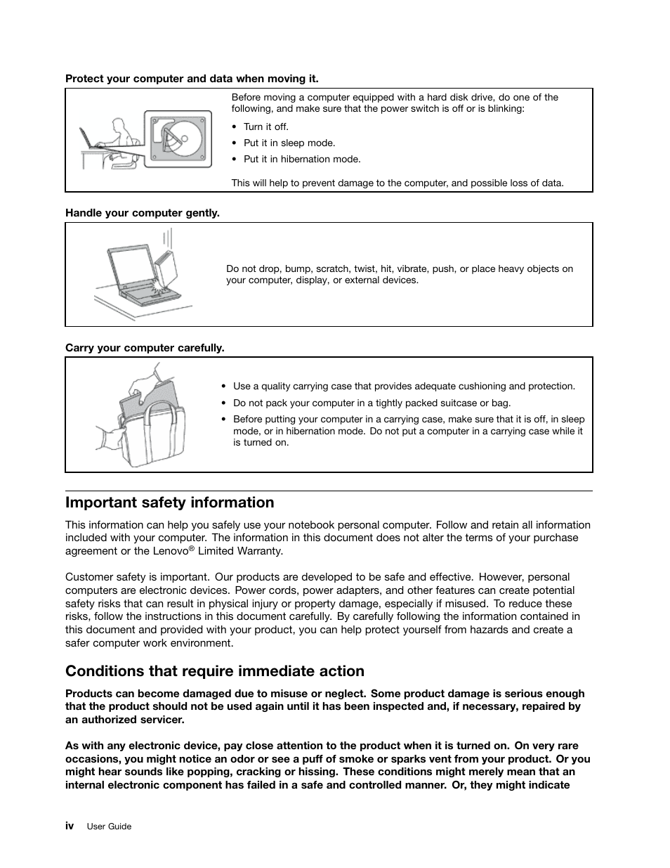 Important safety information, Conditions that require immediate action | Lenovo E40-70 Notebook User Manual | Page 6 / 70