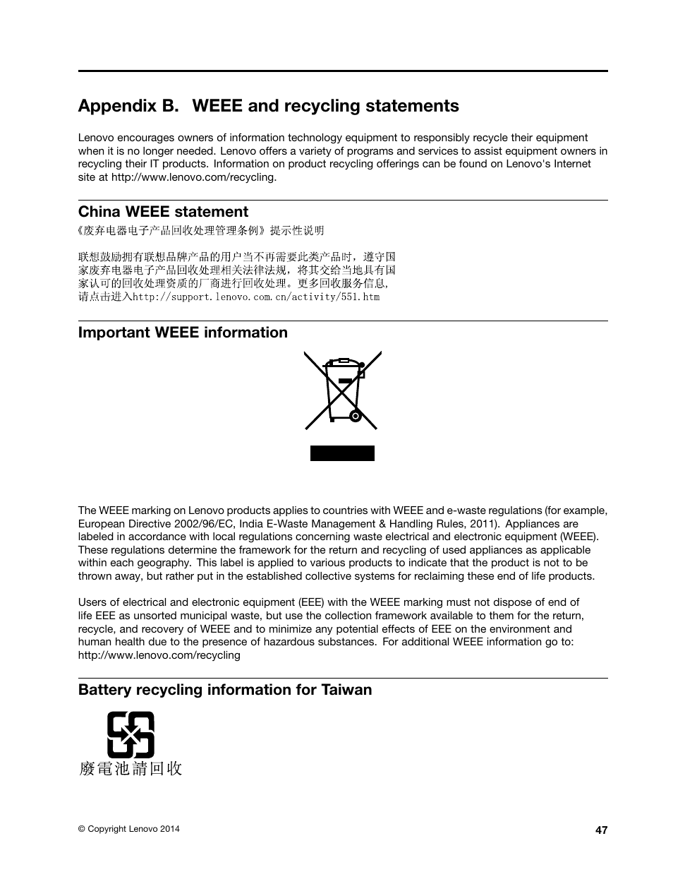 Appendix b. weee and recycling statements, China weee statement, Important weee information | Battery recycling information for taiwan | Lenovo E40-70 Notebook User Manual | Page 61 / 70