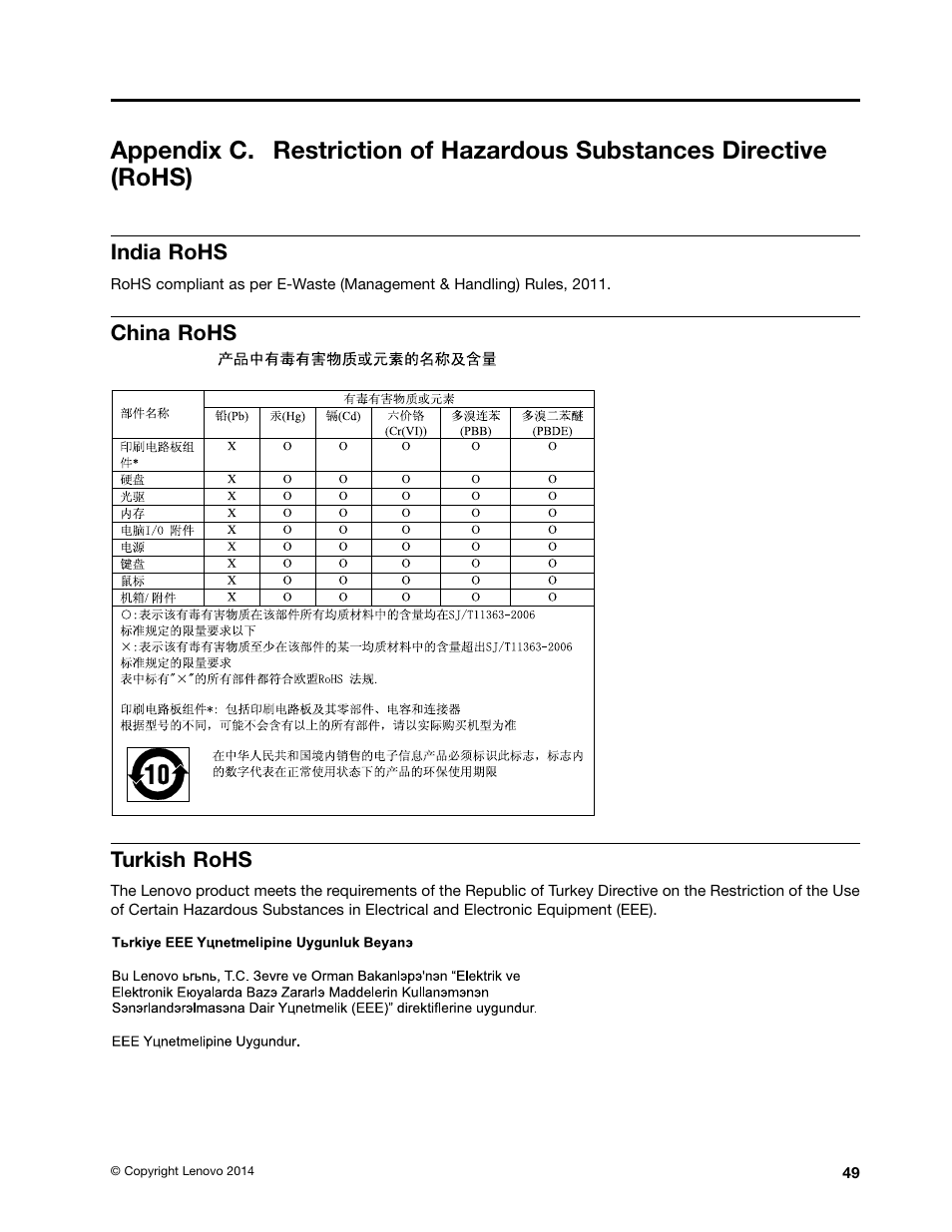 India rohs, China rohs, Turkish rohs | Lenovo E40-70 Notebook User Manual | Page 63 / 70