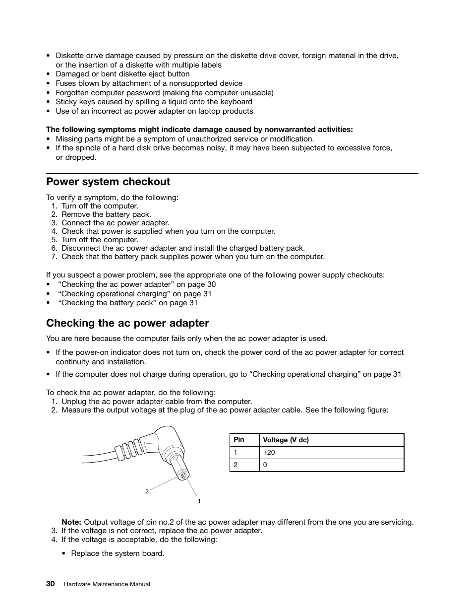 Power system checkout, Checking the ac power adapter | Lenovo E49 Notebook User Manual | Page 36 / 100