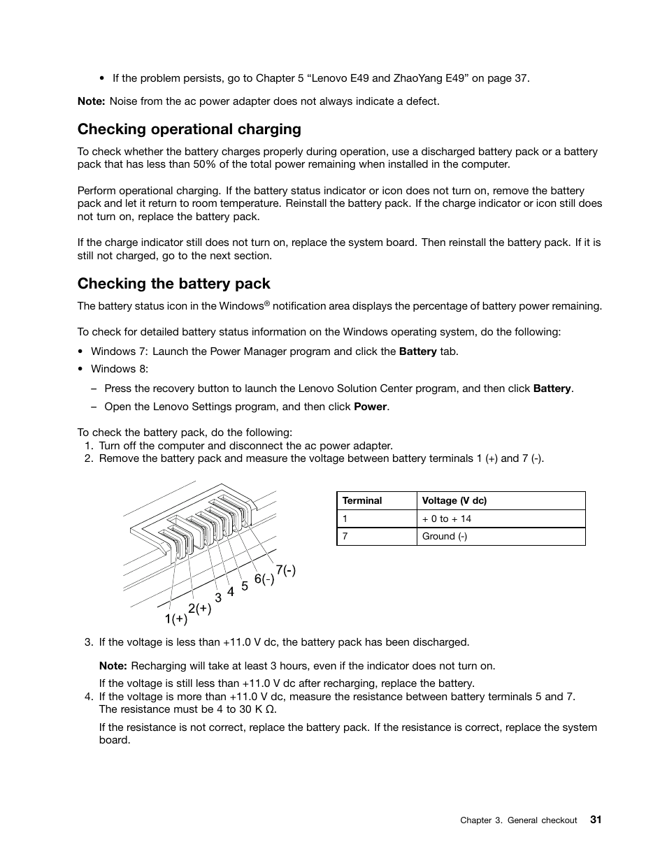 Checking operational charging, Checking the battery pack | Lenovo E49 Notebook User Manual | Page 37 / 100
