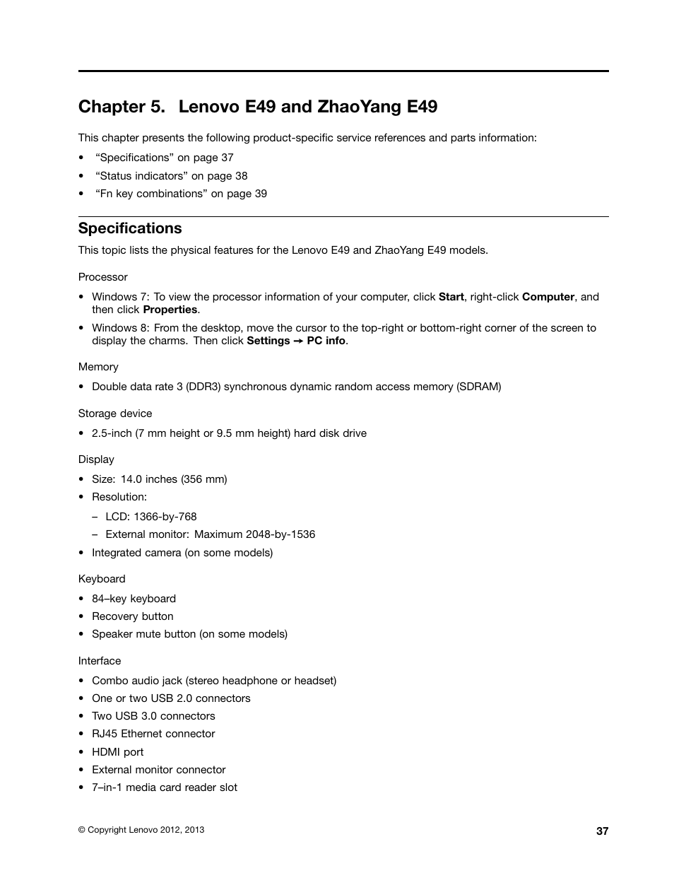 Chapter 5. lenovo e49 and zhaoyang e49, Specifications | Lenovo E49 Notebook User Manual | Page 43 / 100