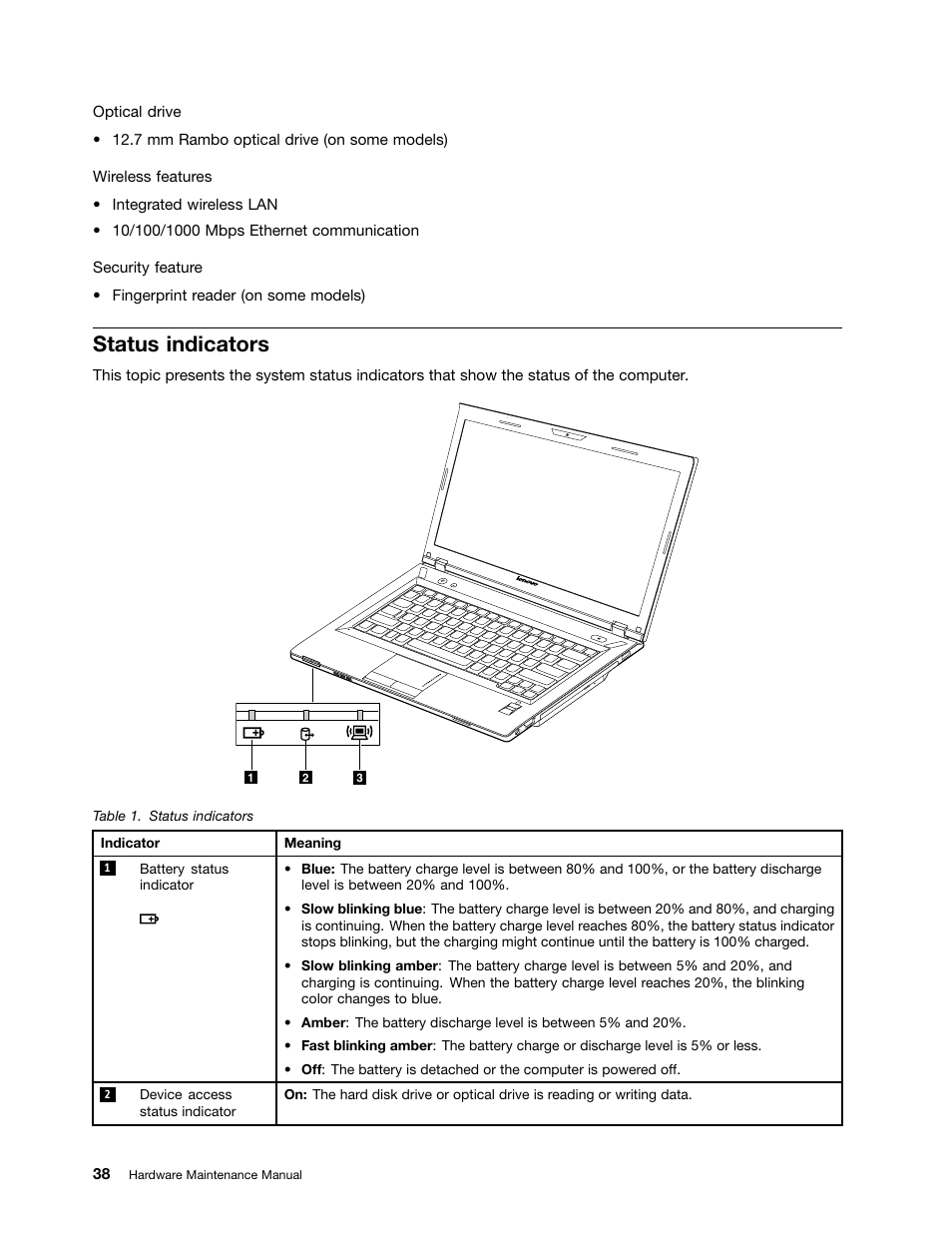 Status indicators | Lenovo E49 Notebook User Manual | Page 44 / 100