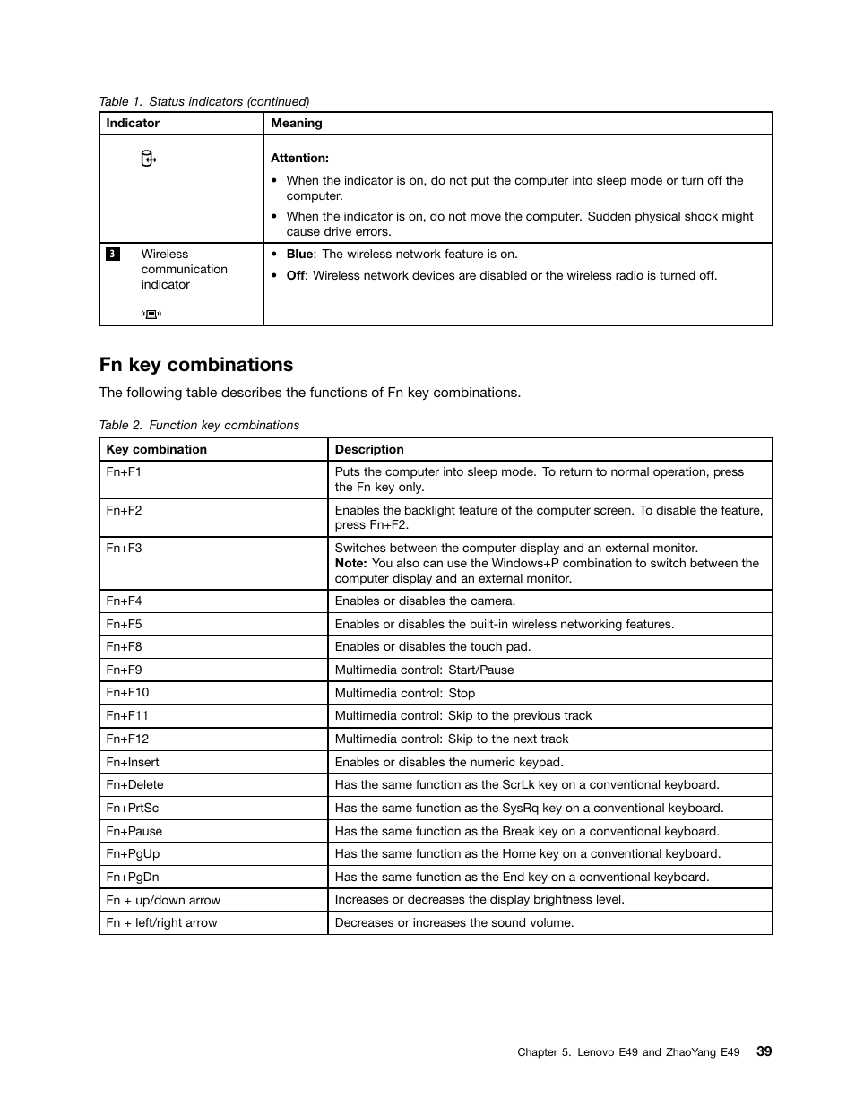 Fn key combinations | Lenovo E49 Notebook User Manual | Page 45 / 100