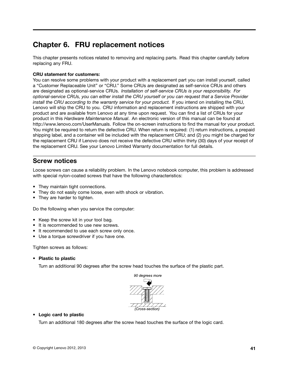 Chapter 6. fru replacement notices, Screw notices | Lenovo E49 Notebook User Manual | Page 47 / 100