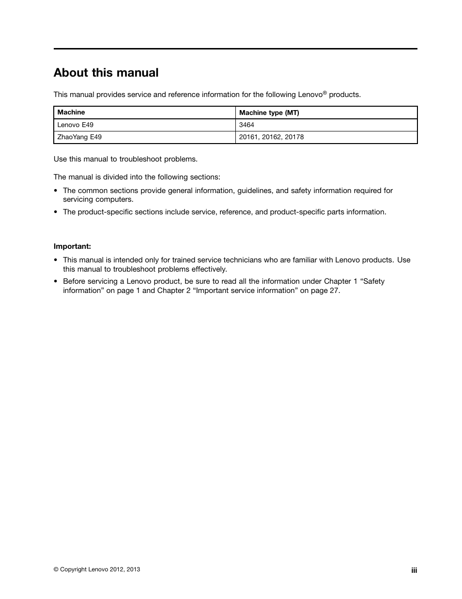 About this manual | Lenovo E49 Notebook User Manual | Page 5 / 100