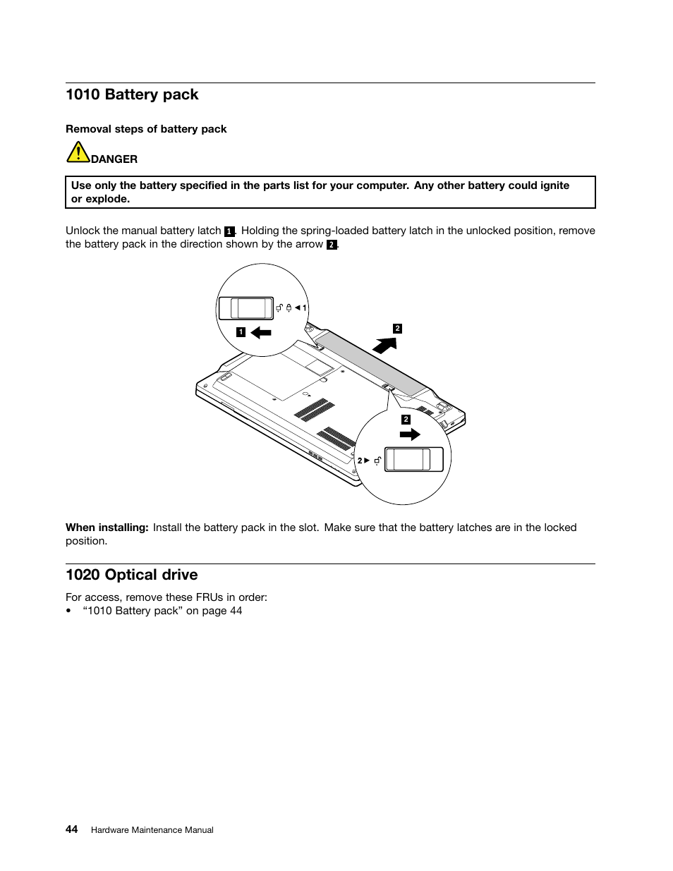 1010 battery pack, 1020 optical drive | Lenovo E49 Notebook User Manual | Page 50 / 100