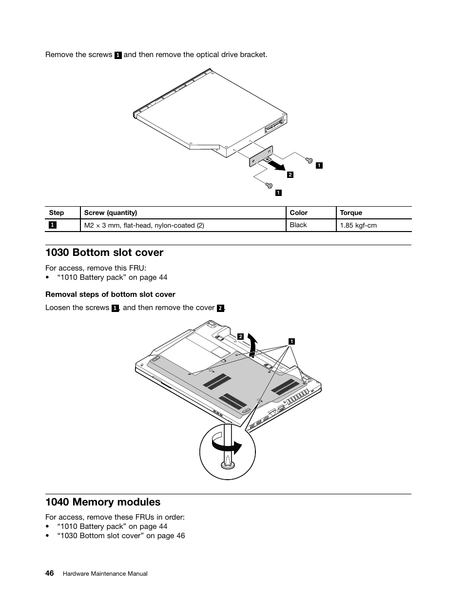 1030 bottom slot cover, 1040 memory modules | Lenovo E49 Notebook User Manual | Page 52 / 100