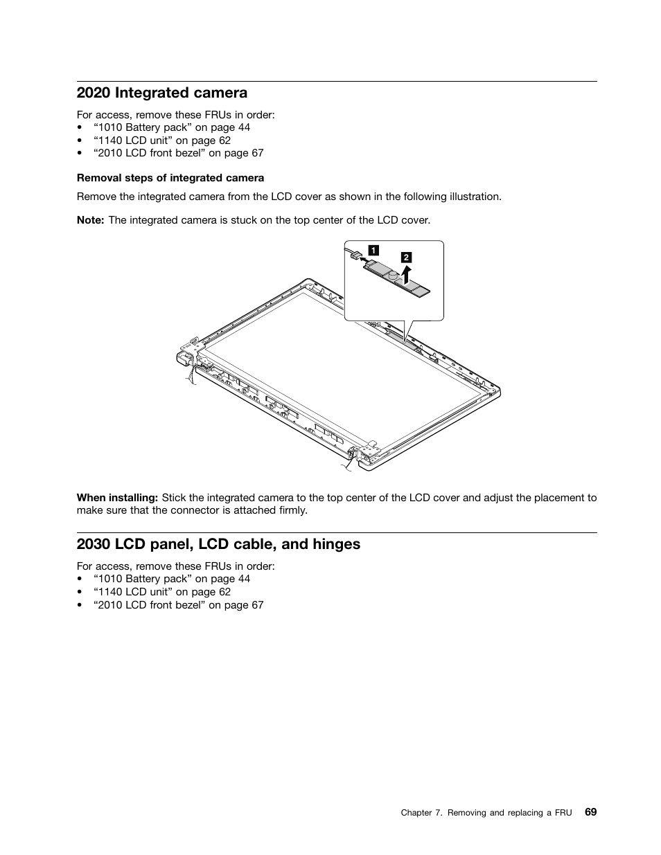 2020 integrated camera, 2030 lcd panel, lcd cable, and hinges | Lenovo E49 Notebook User Manual | Page 75 / 100
