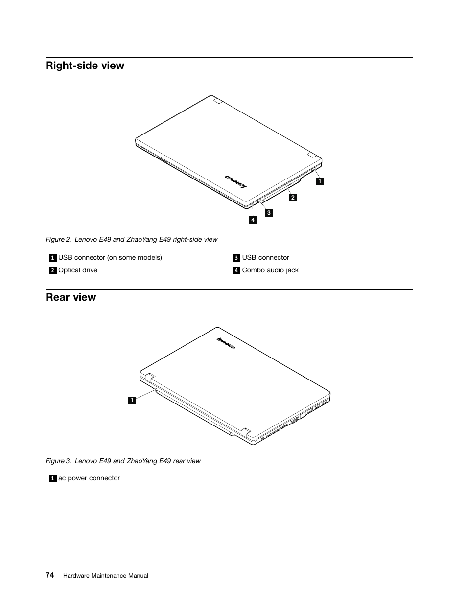 Right-side view, Rear view | Lenovo E49 Notebook User Manual | Page 80 / 100