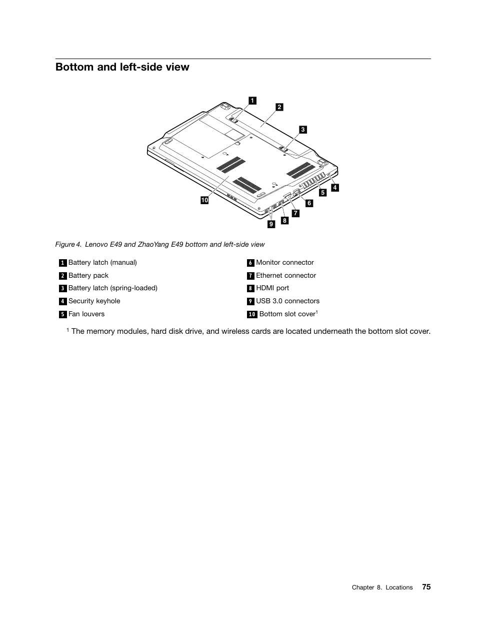 Bottom and left-side view | Lenovo E49 Notebook User Manual | Page 81 / 100