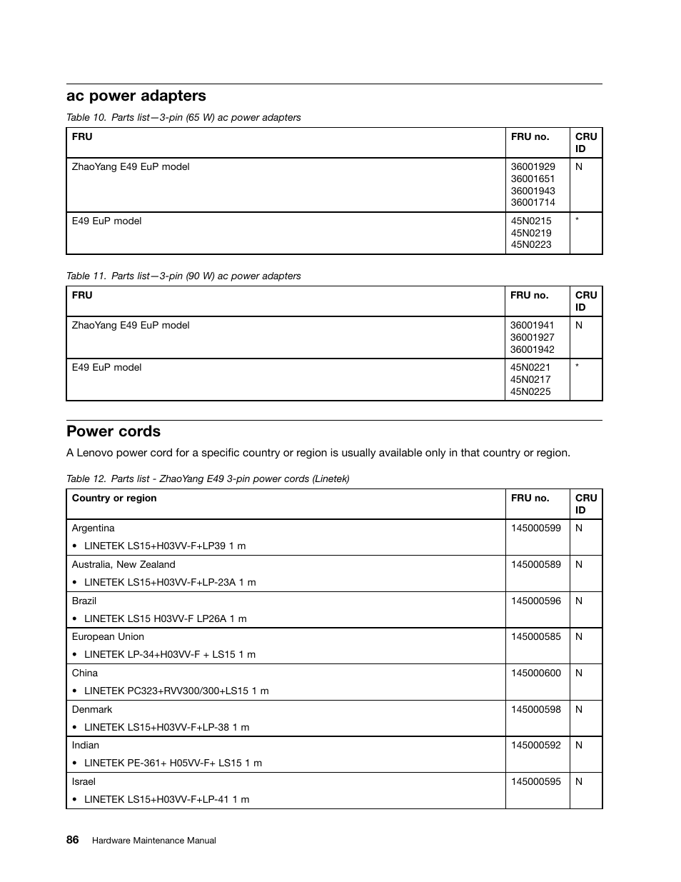 Ac power adapters, Power cords | Lenovo E49 Notebook User Manual | Page 92 / 100