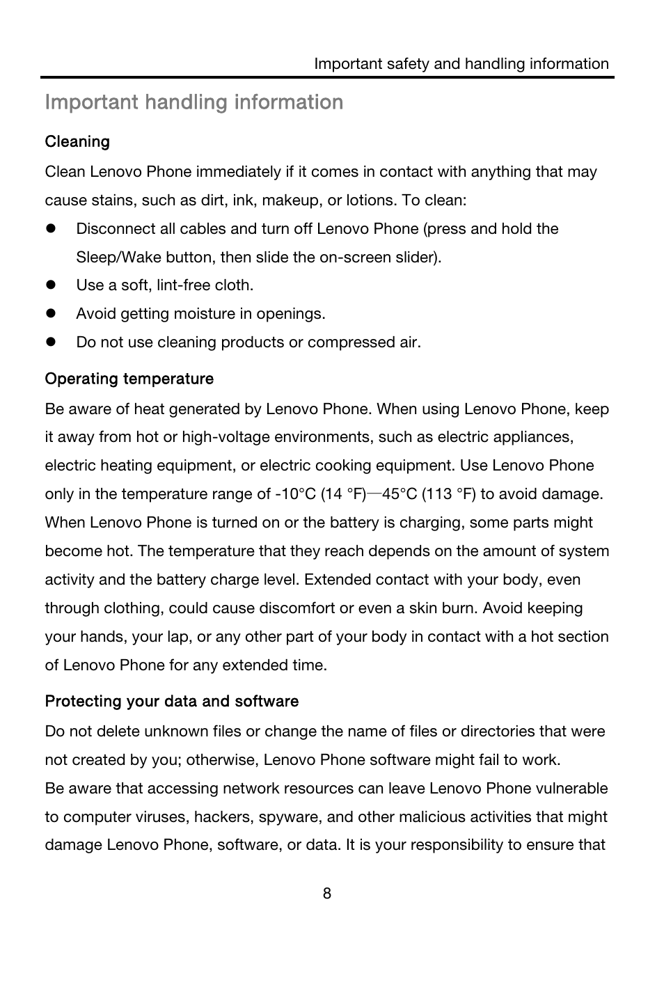 Important handling information | Lenovo A316i Smartphone User Manual | Page 11 / 22