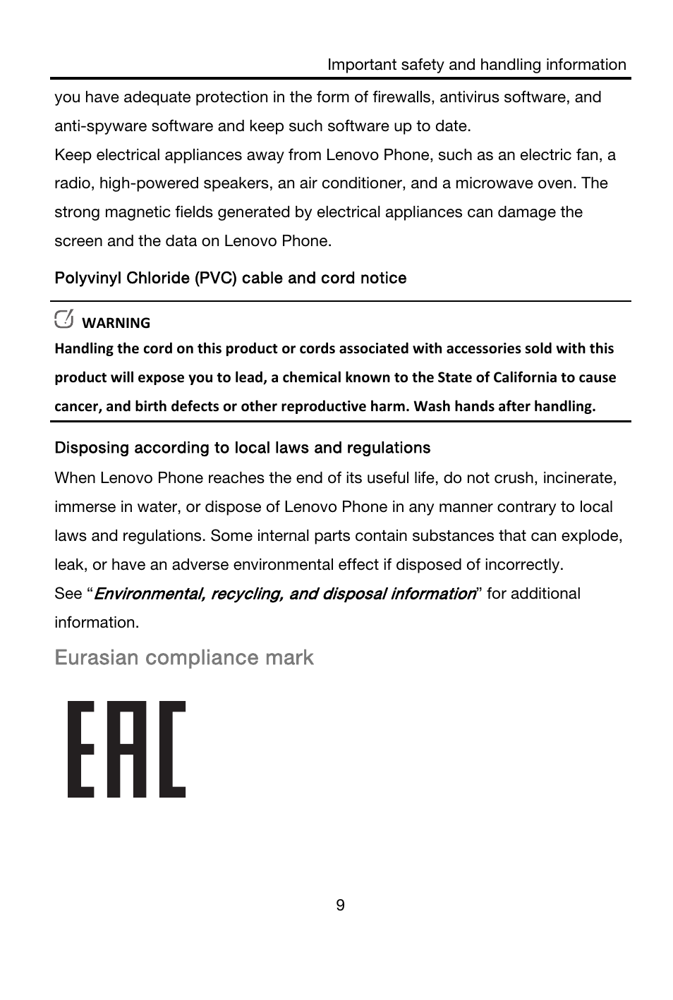 Eurasian compliance mark | Lenovo A316i Smartphone User Manual | Page 12 / 22