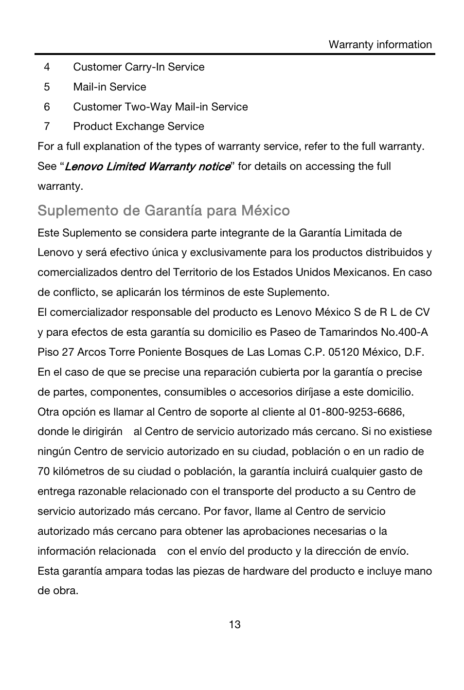 Suplemento de garantía para méxico | Lenovo A316i Smartphone User Manual | Page 16 / 22