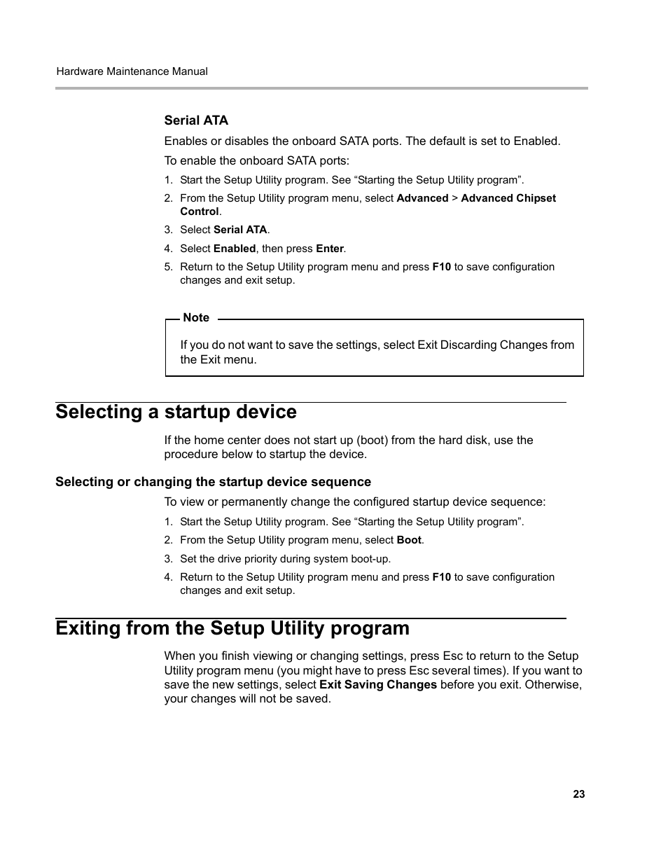 Selecting a startup device, Selecting or changing the startup device sequence, Exiting from the setup utility program | Lenovo D400 Desktop IdeaCentre User Manual | Page 28 / 63