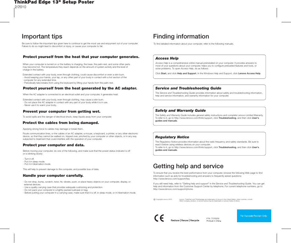 Important tips, Finding information, Getting help and service | Lenovo ThinkPad Edge E30 User Manual | Page 2 / 2