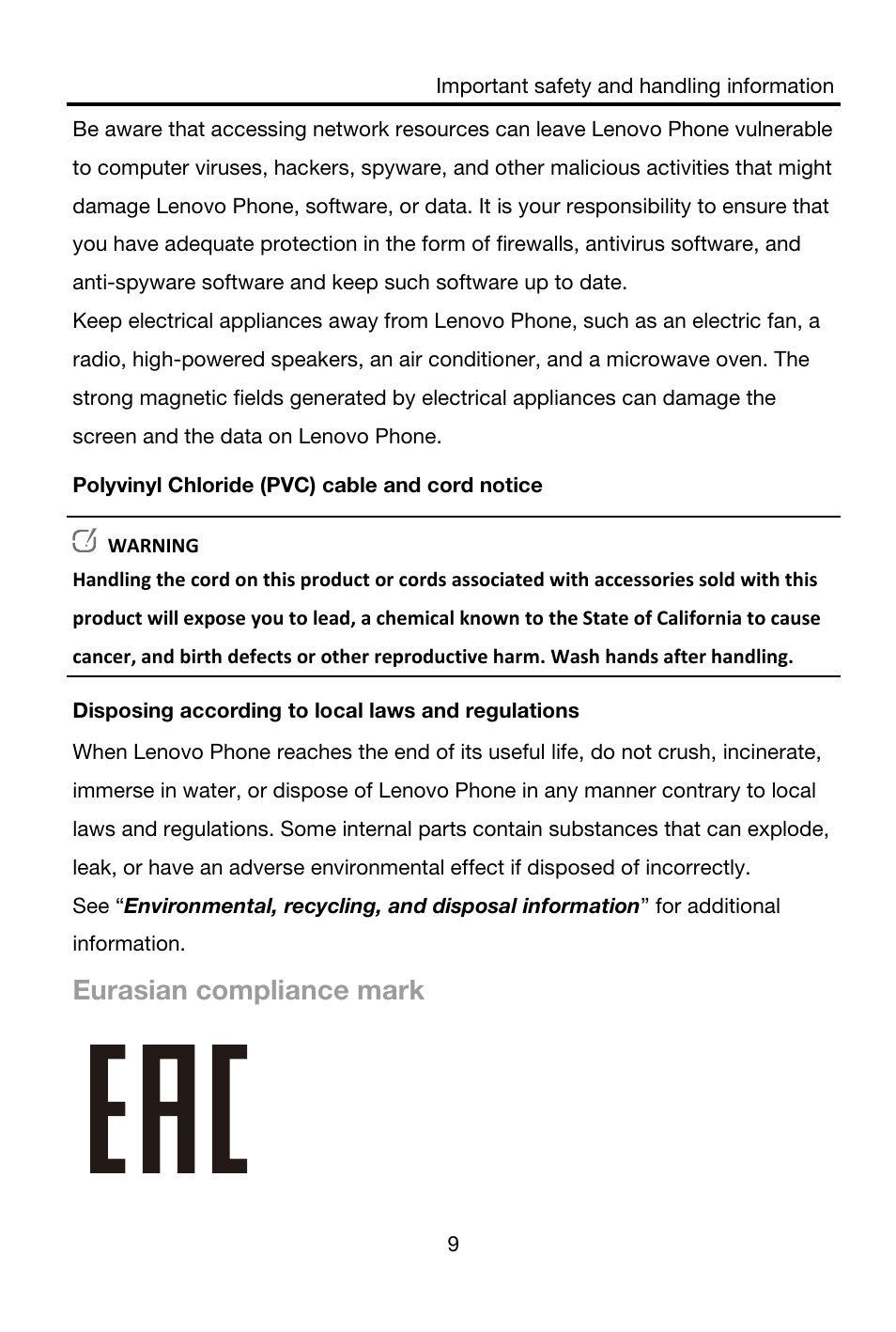 Eurasian compliance mark | Lenovo A606 Smartphone User Manual | Page 10 / 16