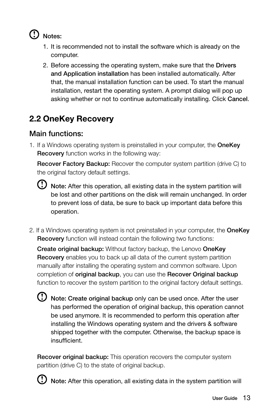 2 onekey recovery, Main functions | Lenovo C200 All-In-One User Manual | Page 18 / 37