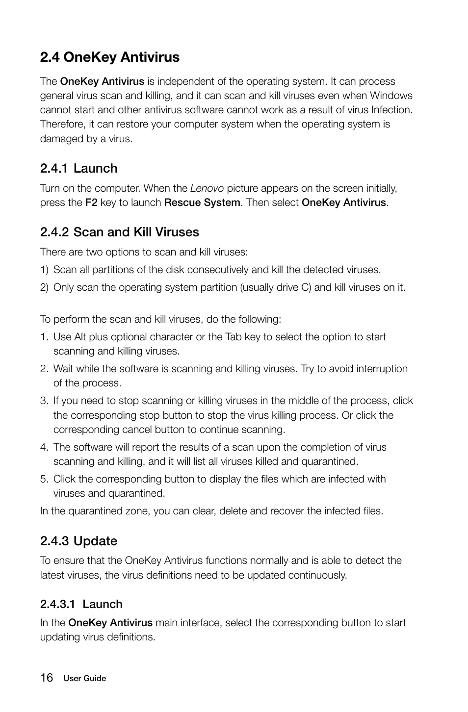 4 onekey antivirus, 1 launch, 2 scan and kill viruses | 3 update | Lenovo C200 All-In-One User Manual | Page 21 / 37