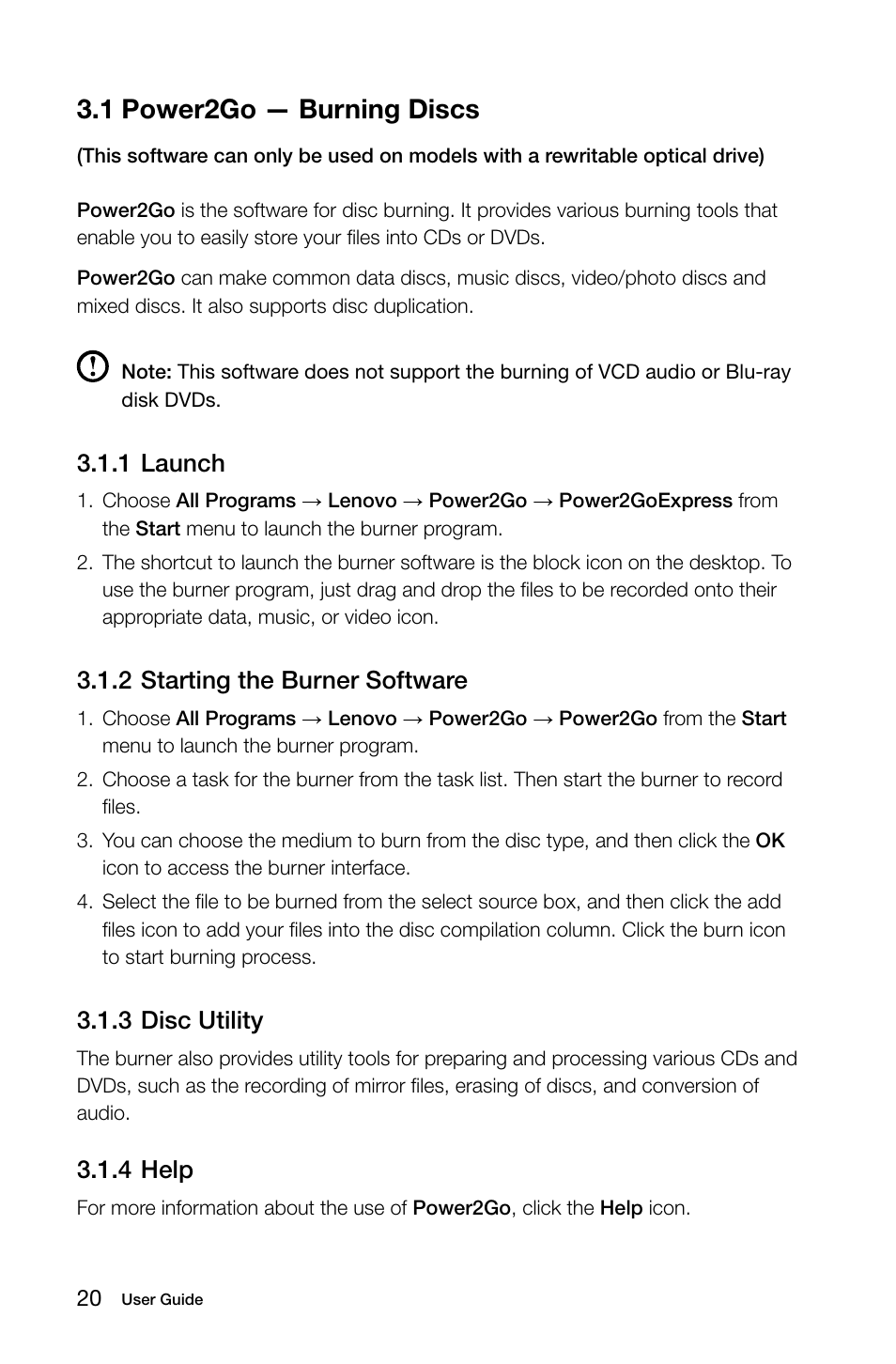 1 power2go — burning discs, 1 launch, 2 starting the burner software | 3 disc utility, 4 help | Lenovo C200 All-In-One User Manual | Page 25 / 37