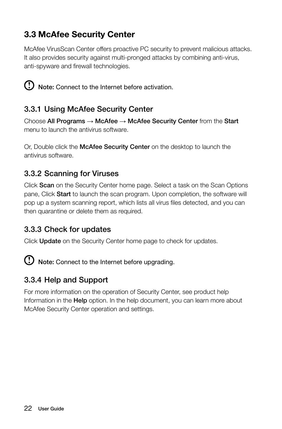 3 mcafee security center, 1 using mcafee security center, 2 scanning for viruses | 3 check for updates, 4 help and support | Lenovo C200 All-In-One User Manual | Page 27 / 37