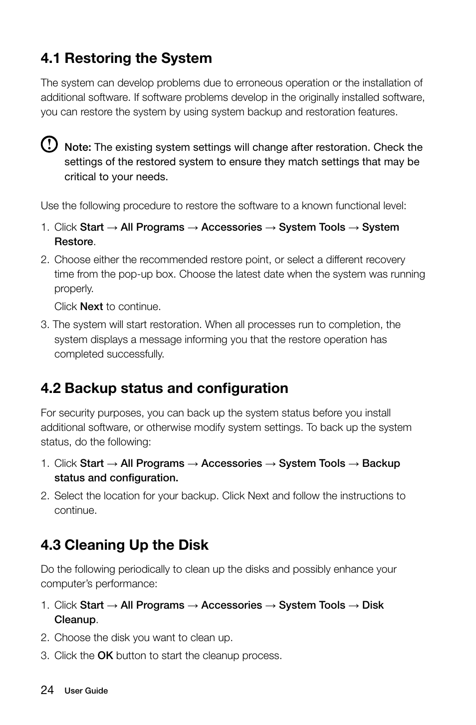 1 restoring the system, 2 backup status and configuration, 3 cleaning up the disk | Lenovo C200 All-In-One User Manual | Page 29 / 37