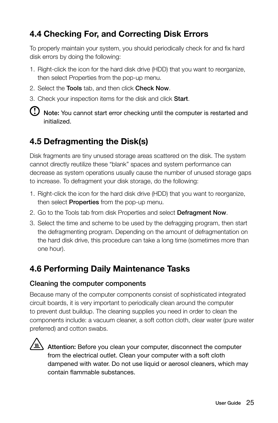 4 checking for, and correcting disk errors, 5 defragmenting the disk(s), 6 performing daily maintenance tasks | Lenovo C200 All-In-One User Manual | Page 30 / 37