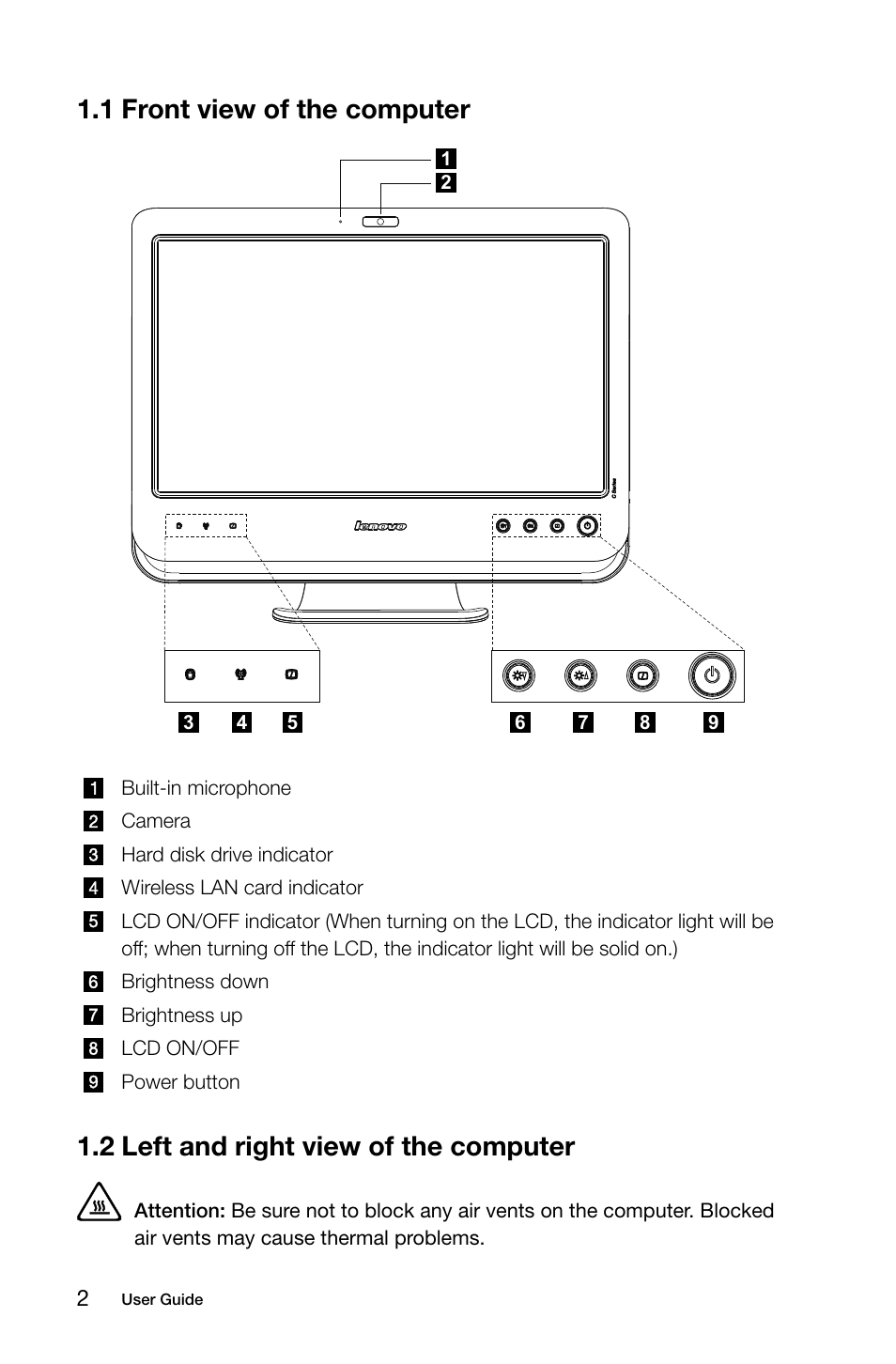 1 front view of the computer, 2 left and right view of the computer | Lenovo C200 All-In-One User Manual | Page 7 / 37