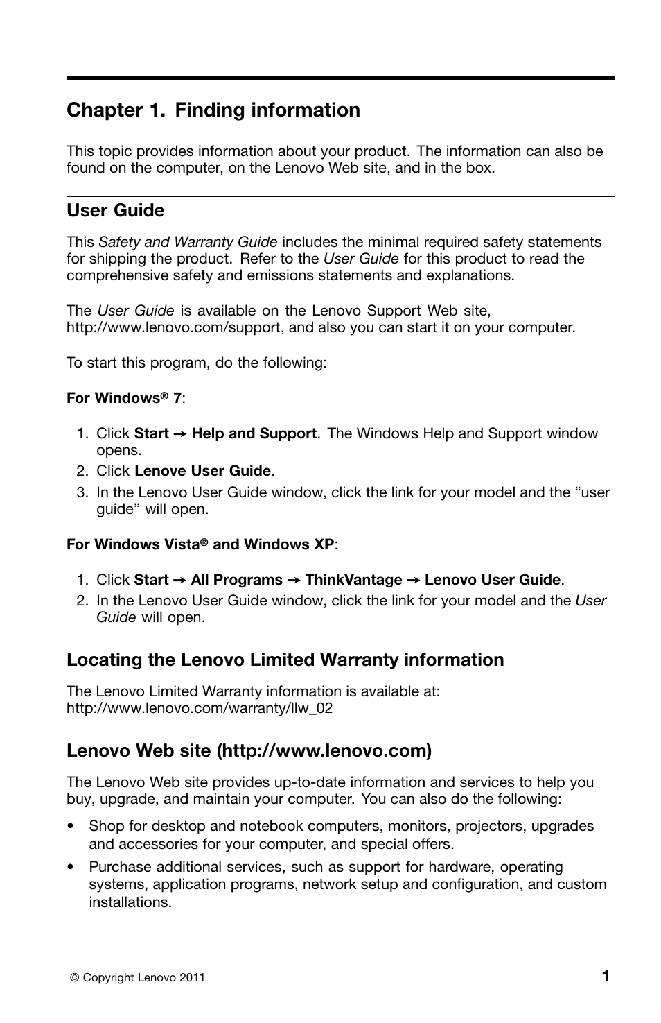 Chapter 1. finding information, User guide, Locating the lenovo limited warranty information | Lenovo web site (http://www.lenovo.com) | Lenovo ThinkPad L420 User Manual | Page 15 / 46