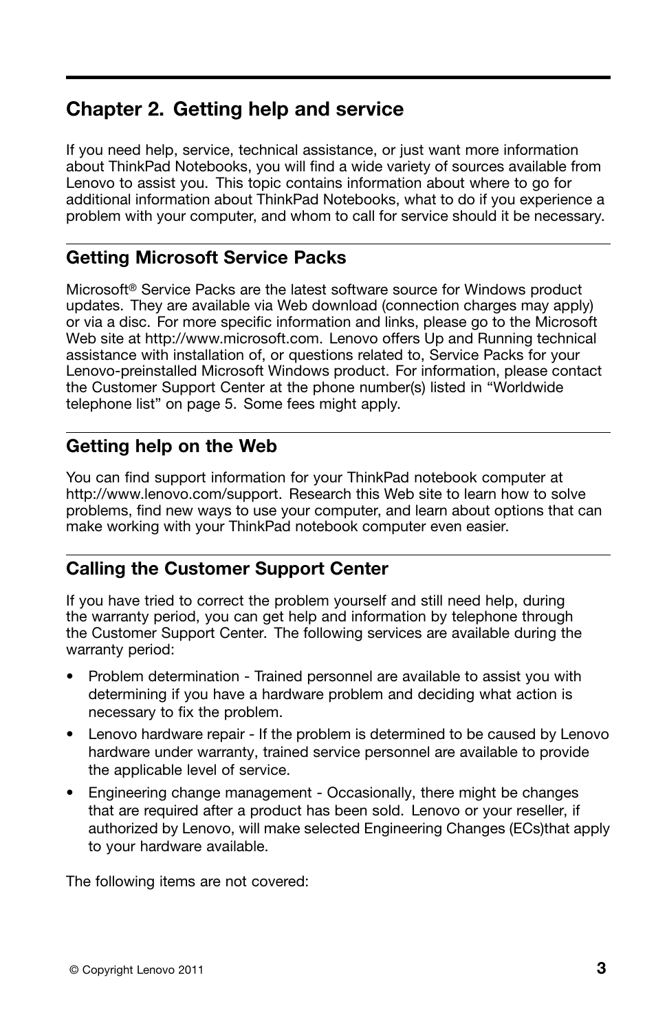 Chapter 2. getting help and service, Getting microsoft service packs, Getting help on the web | Calling the customer support center | Lenovo ThinkPad L420 User Manual | Page 17 / 46