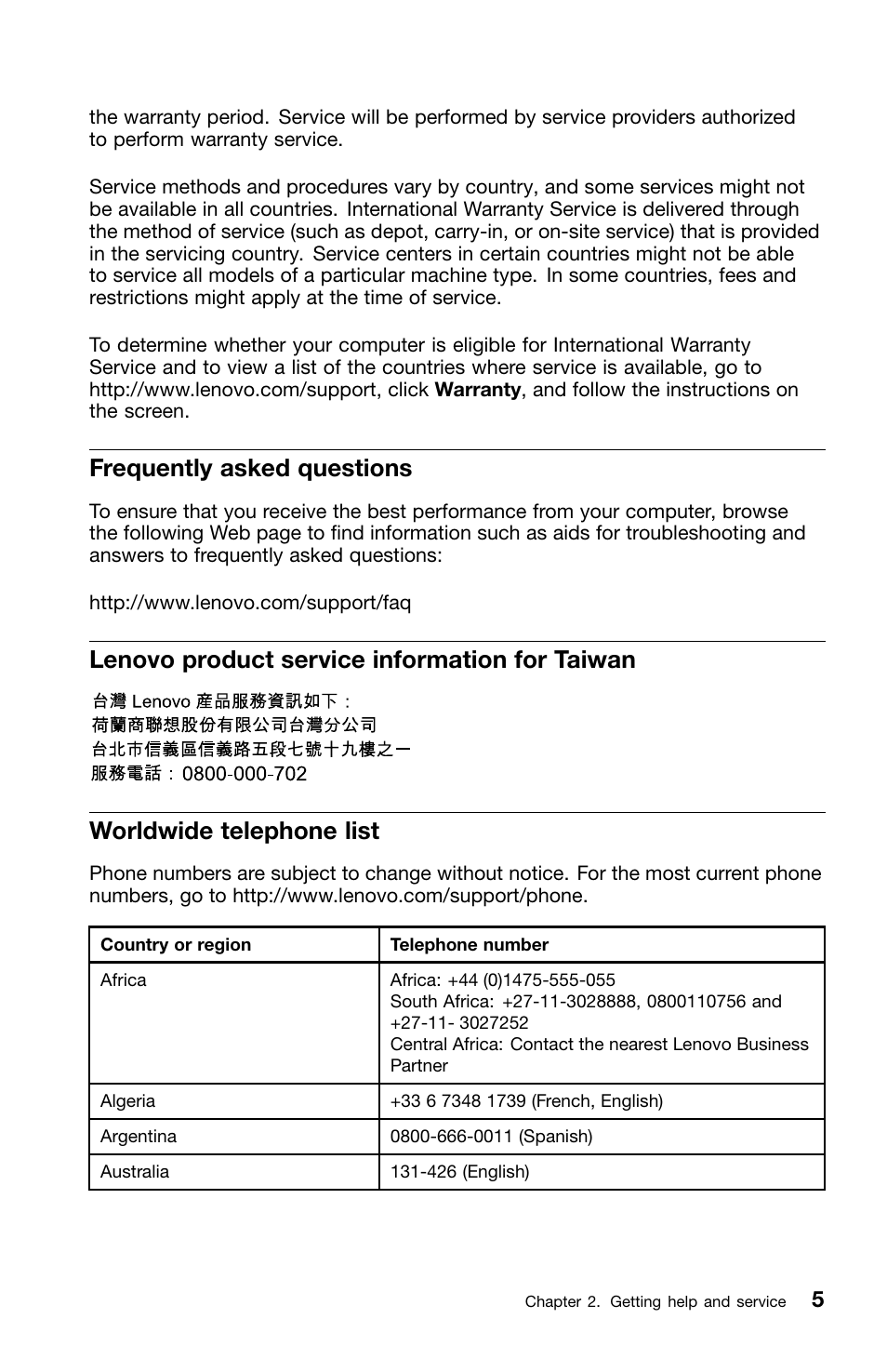 Frequently asked questions, Lenovo product service information for taiwan, Worldwide telephone list | Lenovo ThinkPad L420 User Manual | Page 19 / 46