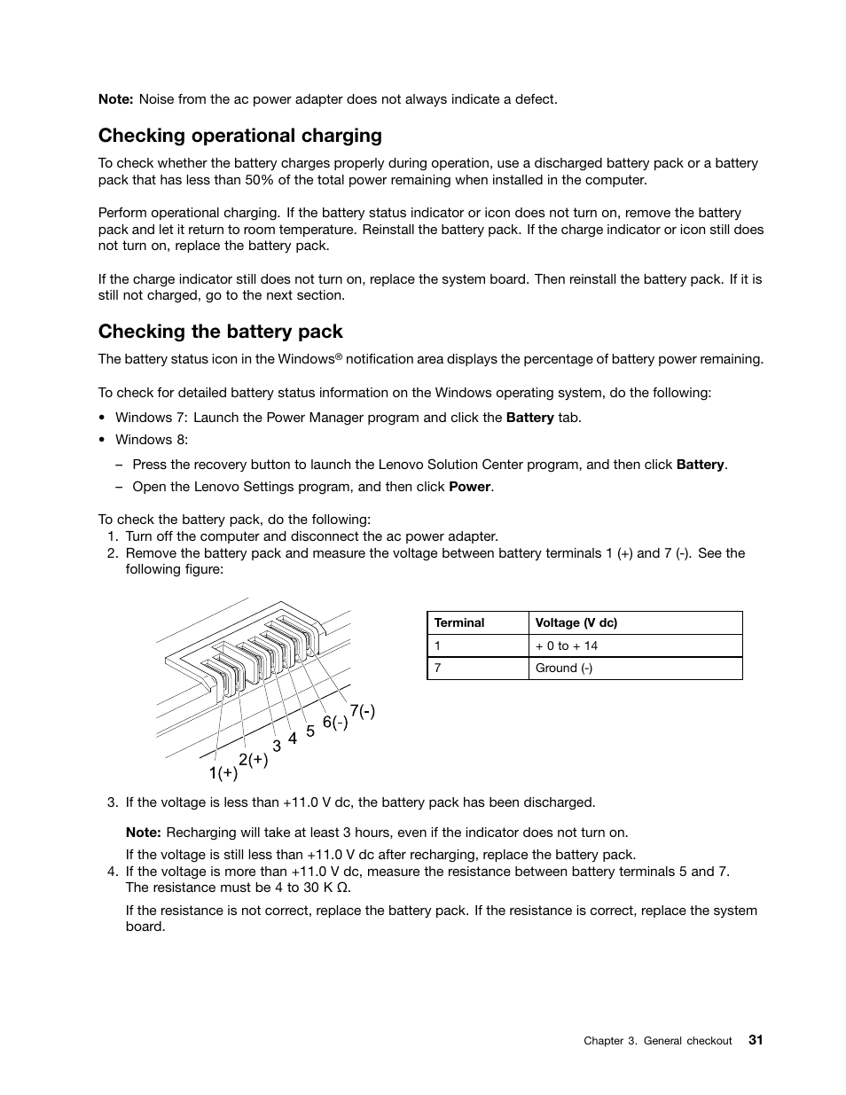 Checking operational charging, Checking the battery pack | Lenovo B475e Notebook User Manual | Page 37 / 100