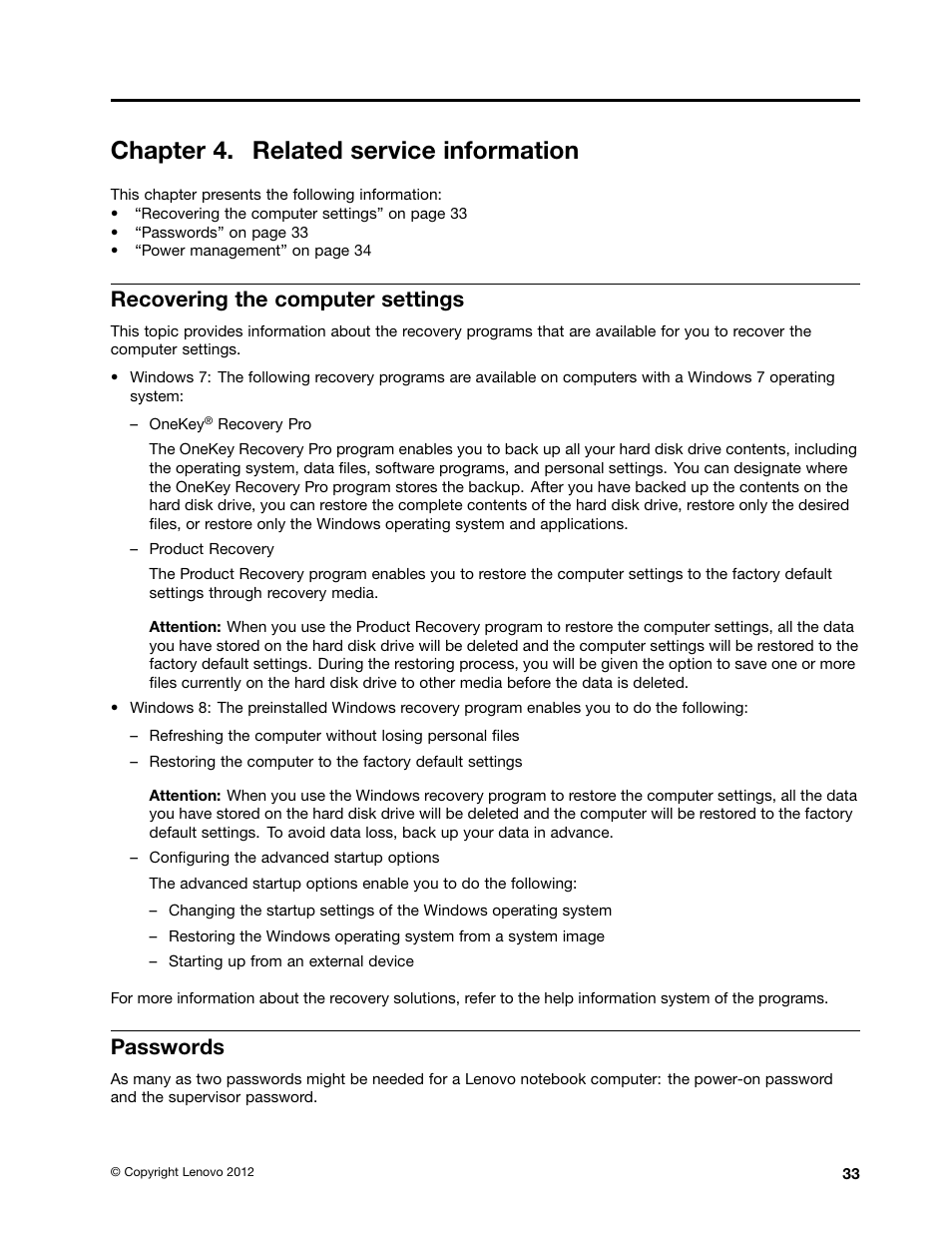 Chapter 4. related service information, Recovering the computer settings, Passwords | Lenovo B475e Notebook User Manual | Page 39 / 100