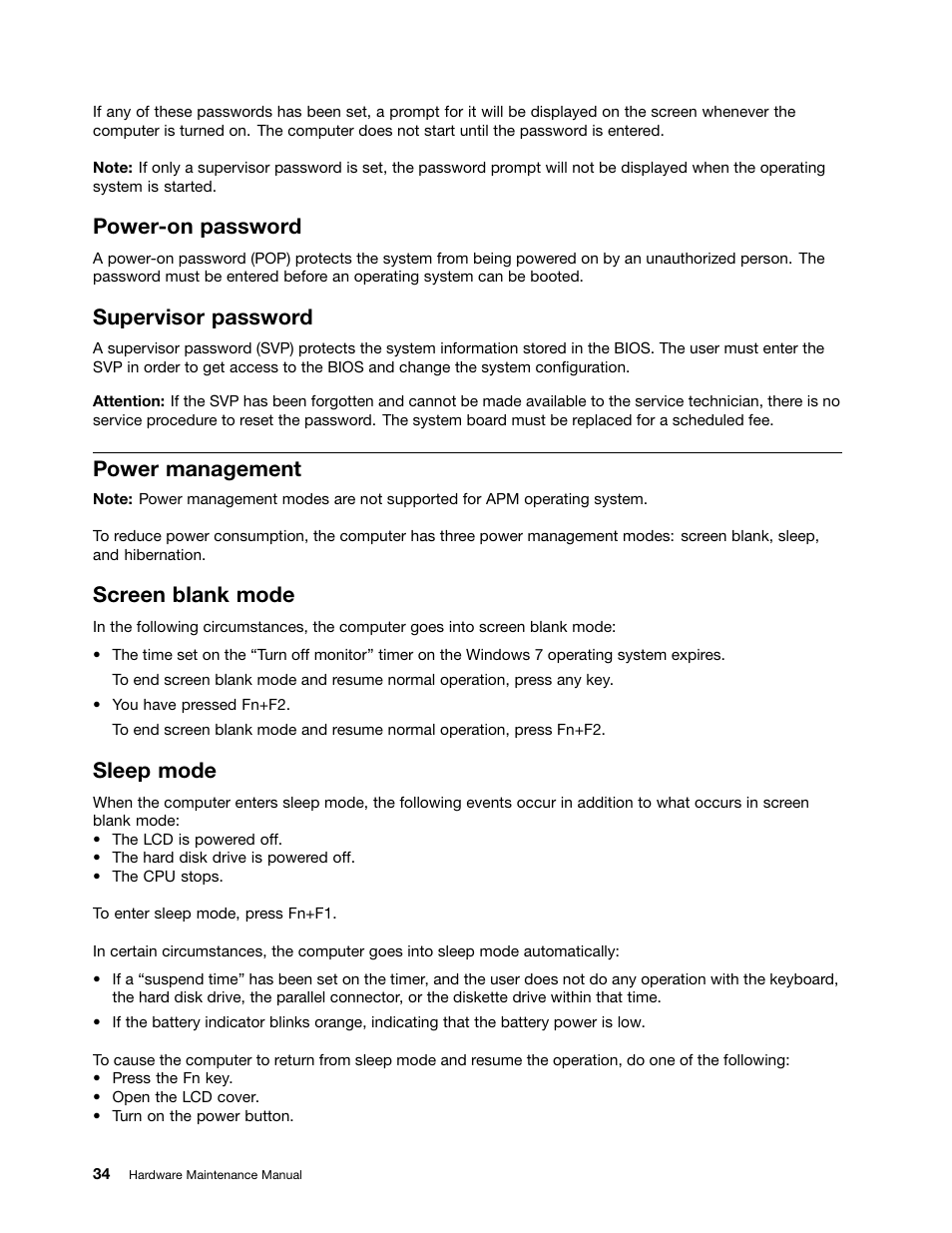 Power-on password, Supervisor password, Power management | Screen blank mode, Sleep mode | Lenovo B475e Notebook User Manual | Page 40 / 100