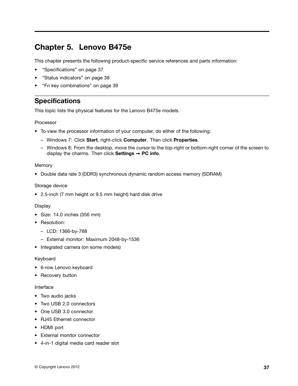 Chapter 5. lenovo b475e, Specifications | Lenovo B475e Notebook User Manual | Page 43 / 100