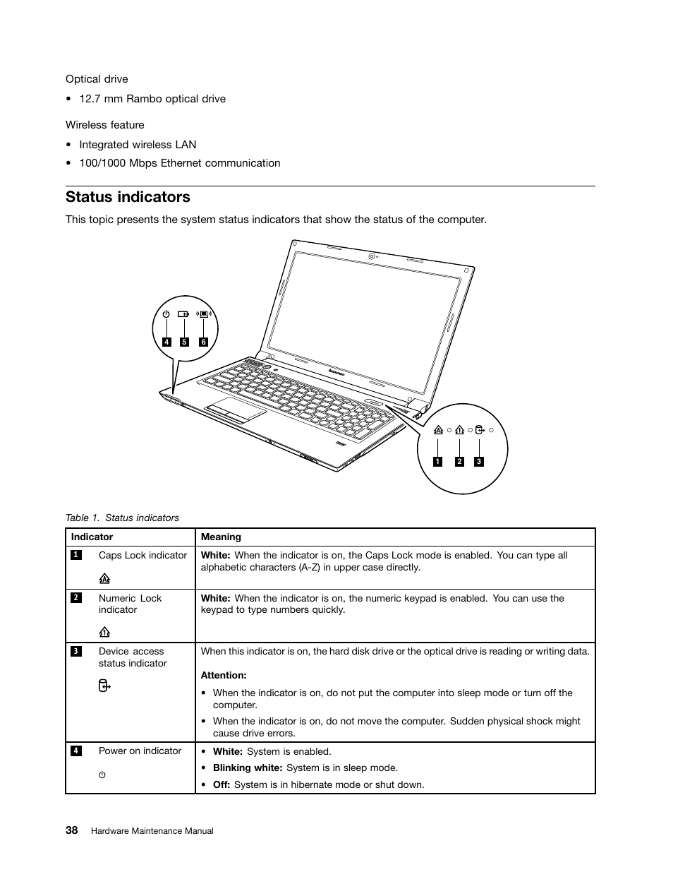 Status indicators | Lenovo B475e Notebook User Manual | Page 44 / 100